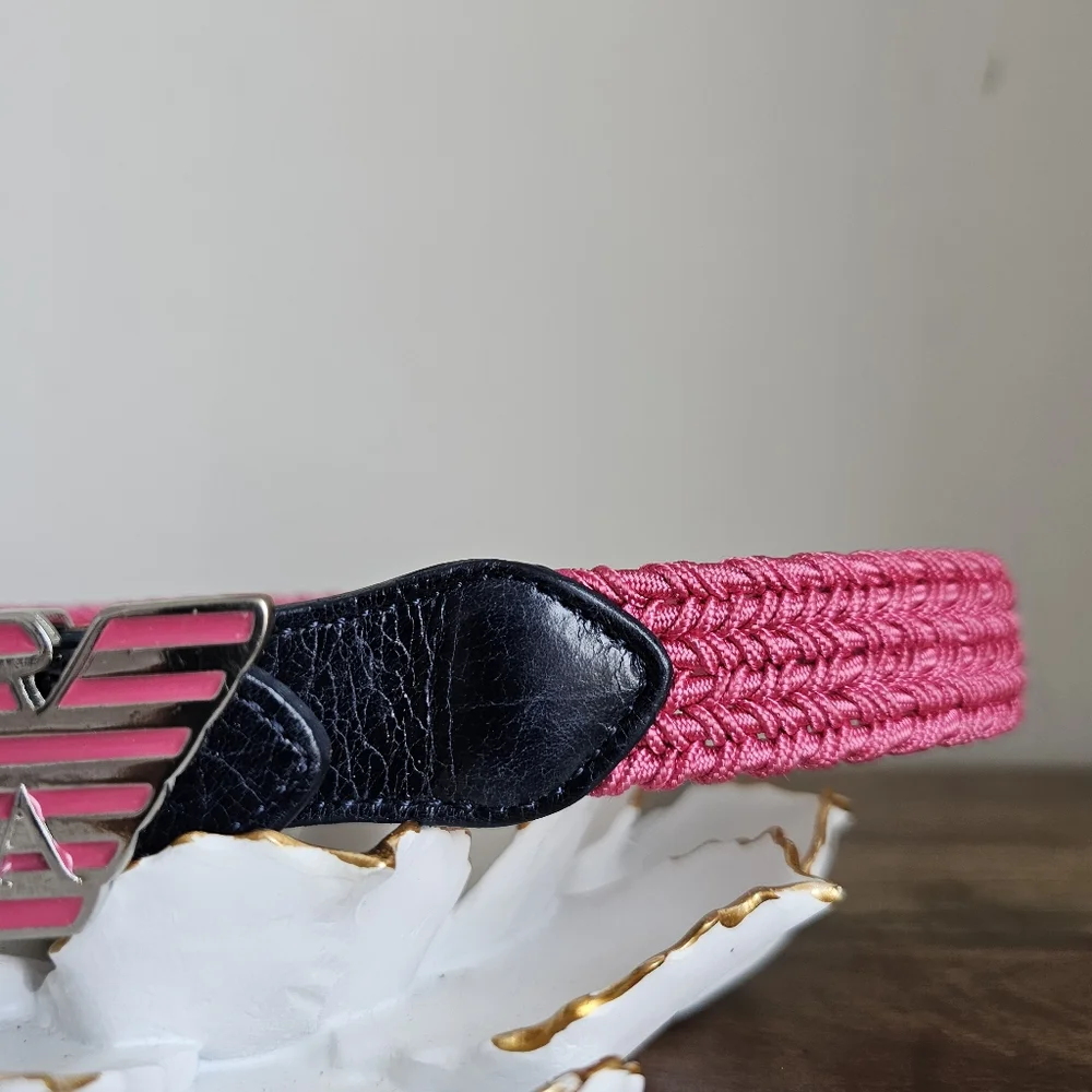 Rare Giorgio Armani Kid's Elastic Waist Pink Braided Logo Eagle Buckle Belt